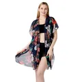 Elegante kimono playero de gasa floral con mangas murciélago en color azul marino - Talla única / Túnica (ML509) / Azul Marino Floral