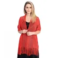 Elegant red metallic thread shawl with tassels for bridal weddings and evening party dresses. - Red