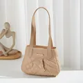 Elegant beige quilted shoulder bag with diamond lattice pattern and metallic logo - Khaki