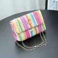 Colorful rainbow woven crossbody bag featuring a stylish gold chain and pearl charms - Bright Rainbow Horizontal Striped