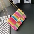 Colorful rainbow woven straw small crossbody square bag with elegant gold chain lock - Pink Multicolor Horizontal Striped