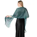 Elegant teal metallic lurex shawl with long fringe for wedding and evening party dresses - Teal