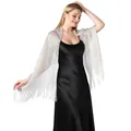 Elegant silver metallic thread shawl wrap with fringe tassels for formal evening party dresses - White with Gold Thread