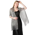 Elegant silver metallic lurex shawl with long fringes for women's evening dress - Dark Grey with Gold Thread