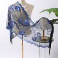 Elegant black mesh shawl with blue floral sequin embroidery and long tassels for parties - Shawl / Black and Blue