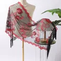 Black mesh evening shawl with red sequin floral embroidery and tassels - Shawl / Black + Red