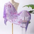 Elegant lavender mesh shawl with pink sequin floral embroidery and fringe tassels for weddings - Shawl / Light Purple