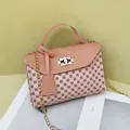 Small contrast color crossbody bag with gold chain strap and elegant pattern design - Pink