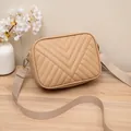 Fashionable beige quilted camera bag with V-shaped embroidery and adjustable wide strap - Apricot