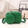 Fashionable green quilted crossbody square bag with a matching round coin purse set - Grid Green
