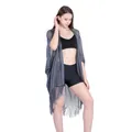 Detail of blue metallic thread fringe shawl bikini cover-up with shimmering finish - Tops / 135-175CM / Navy Blue