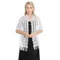 Elegant white lace shawl wrap with floral embroidery and tassels for evening dress - White