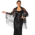 Close-up detail of an elegant black sequin shawl featuring peacock embroidery and fringe - Black