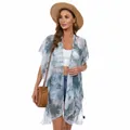 Model wearing a grey and white tie-dye chiffon beach cover-up with a straw hat. - One Size / Robe (ML509) / Tie Dye Green