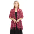 Detail view of magenta floral crochet shawl with sequins and tassels for evening wear - Rose Red