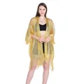 Close-up detail of the gold shimmery fabric and fringe hem on this beach cover-up cardigan - Tops / 135-175CM / Yellow