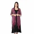 Elegant maroon metallic silk shawl with long tassels worn over a sleek black dress - Purple