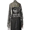 Elegant black mesh shawl with silver sequin peacock embroidery and tassels back view - Black & Silver