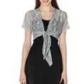 Detailed view of grey floral lace shrug with tie-up design over a black dress - Tops / Gray