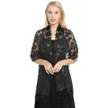 Detailed view of elegant black sequined lace shawl with fringe for evening party wear - Black