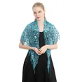 Front view of elegant blue sequin lace shawl with tassels for evening dress party - Lake Blue