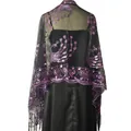 Close-up of black sheer shawl featuring purple sequin peacock embroidery and tassels - Black & Purple