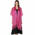 Full view of pink shimmering metallic shawl with elegant fringe detail on model - Rose Red