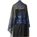 Detailed back view of black mesh shawl with royal blue sequin peacock embroidery - Black+Royal Blue