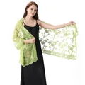 Detailed view of light green sheer shawl with floral sequin embroidery on black dress - Autumn Fragrance Green