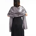 Elegant silver satin shawl for evening dresses shown from the back on a model - Dark Gray
