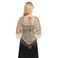Detailed back view of an elegant gold sequin bridal shawl with hanging fringe tassels - Gold