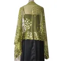 Back view of green sheer evening shawl with sequined peacock embroidery and tassels - Army Green