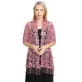 Elegant pink sequined floral lace shawl with tassel fringe for evening parties. - Pink