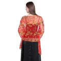 Detailed back view of a red mesh shawl with gold floral sequin embroidery - Red with Gold Sequins