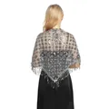 Silver sequined shawl with fringe detailing for evening party wear, back view perspective - Silver Gray