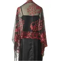 Back view of black mesh wrap with red sequined peacock embroidery and fringe tassels - Black and Red