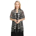 Detail of silver sequined lace shawl with floral patterns and tassels for evening dresses - Black & Silver