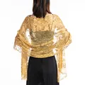 Detailed back view of a gold sequined mesh shawl for evening gowns and weddings. - Gold
