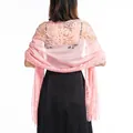 Elegant pink hollowed-out floral lace shawl with fringe detail for evening party dresses - Pink