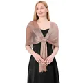 Detail view of shimmering metallic rose gold shawl with elegant circular buckle. - Rose Gold