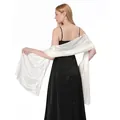 Back view of a glossy ivory satin shawl draped over an elegant black evening gown - Off White