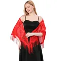 Detailed view of an elegant red lace triangle shawl with tassels for evening party dresses - Red