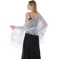 Detail view of elegant white mesh shawl with silver sequins and long fringe. - White