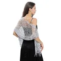 Elegant silver sequin embroidered shawl wrap stole for evening party and formal dresses - White