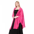Elegant hot pink chiffon shawl wrap for bridesmaid evening dress accessory on model - Mid-length (Slit Design) / Rose Red