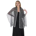 Detailed view of elegant silver sequined plum blossom embroidery on a bridal shawl - Black and Silver