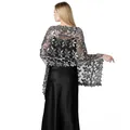 Elegant silver sequin floral lace shawl for wedding guest and evening party dresses - Black and Silver