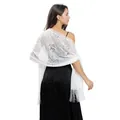 Elegant white lace floral shawl with tassels for evening dress or bridal wear - White