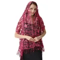 Elegant pink sequined lace shawl with paisley patterns and fringe details for evening - Rose Red