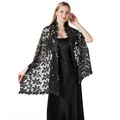 Elegant black sequin floral lace shawl for wedding and evening gown evening cover-up - Black